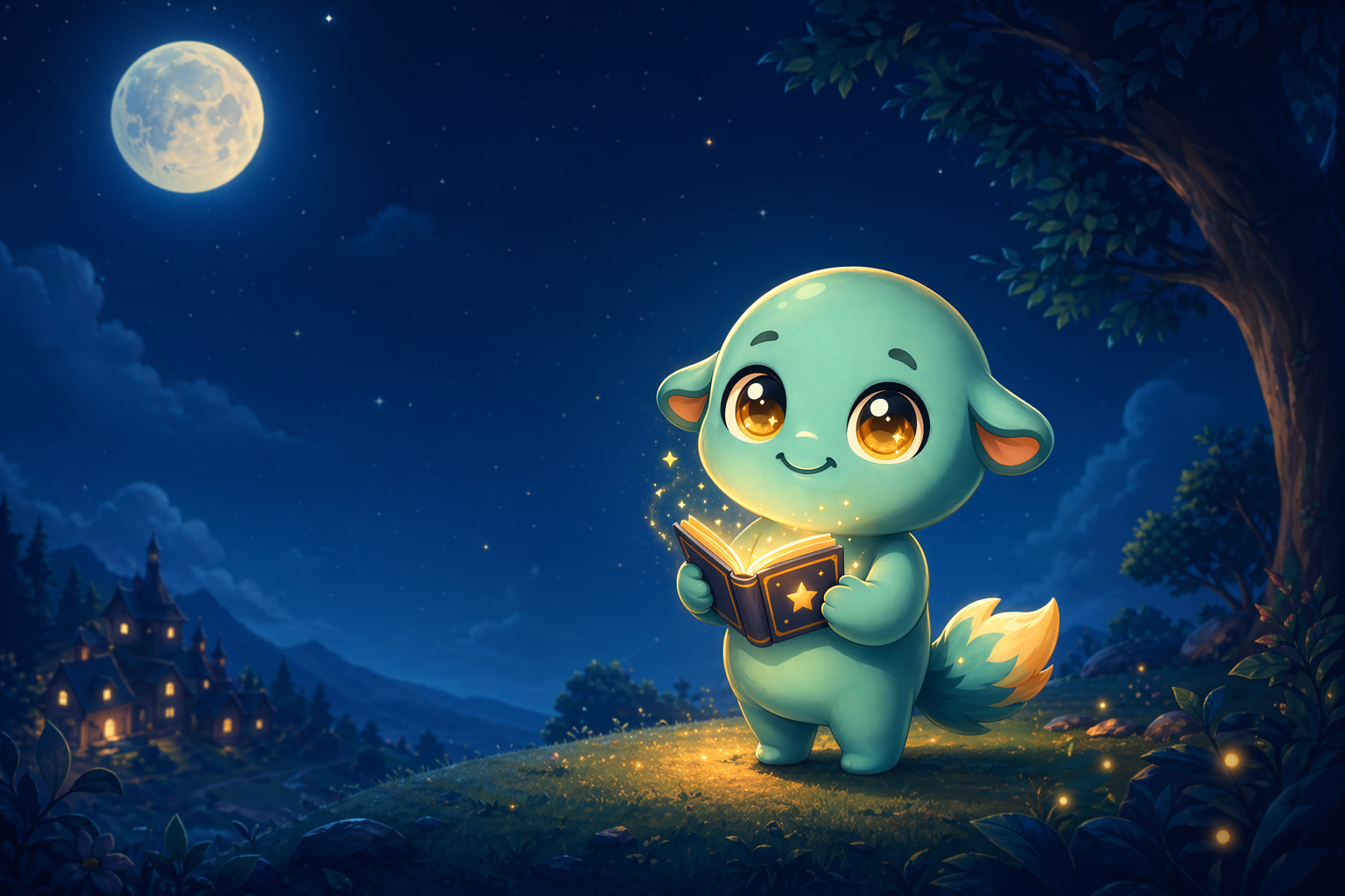 Kimoa mascot holding a glowing bedtime book under a moonlit sky